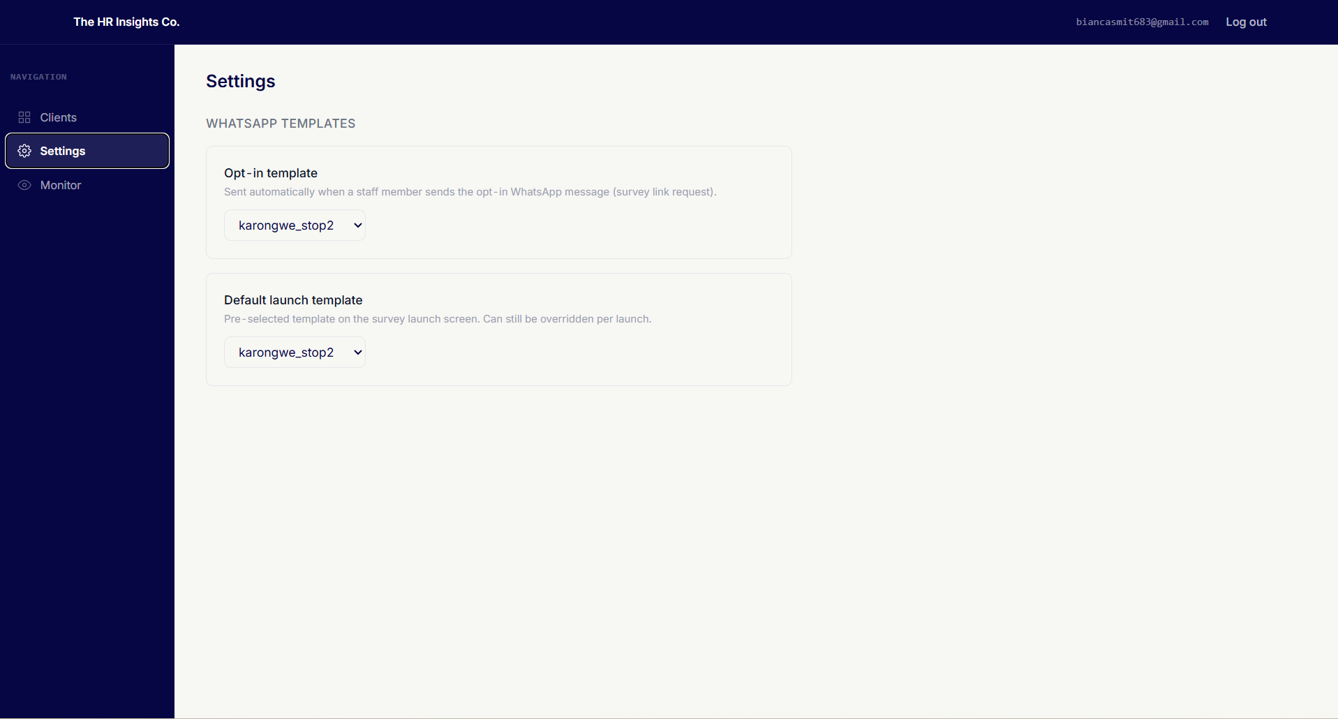 Settings page showing WhatsApp template configuration